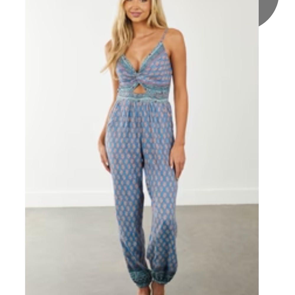 Blue Printed Women's Jumpsuit with Spaghetti Straps